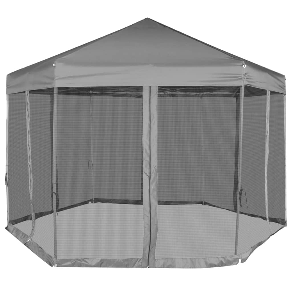 pop up-pavillon 6 sidevægge sekskantet 3,6x3,1 m grå