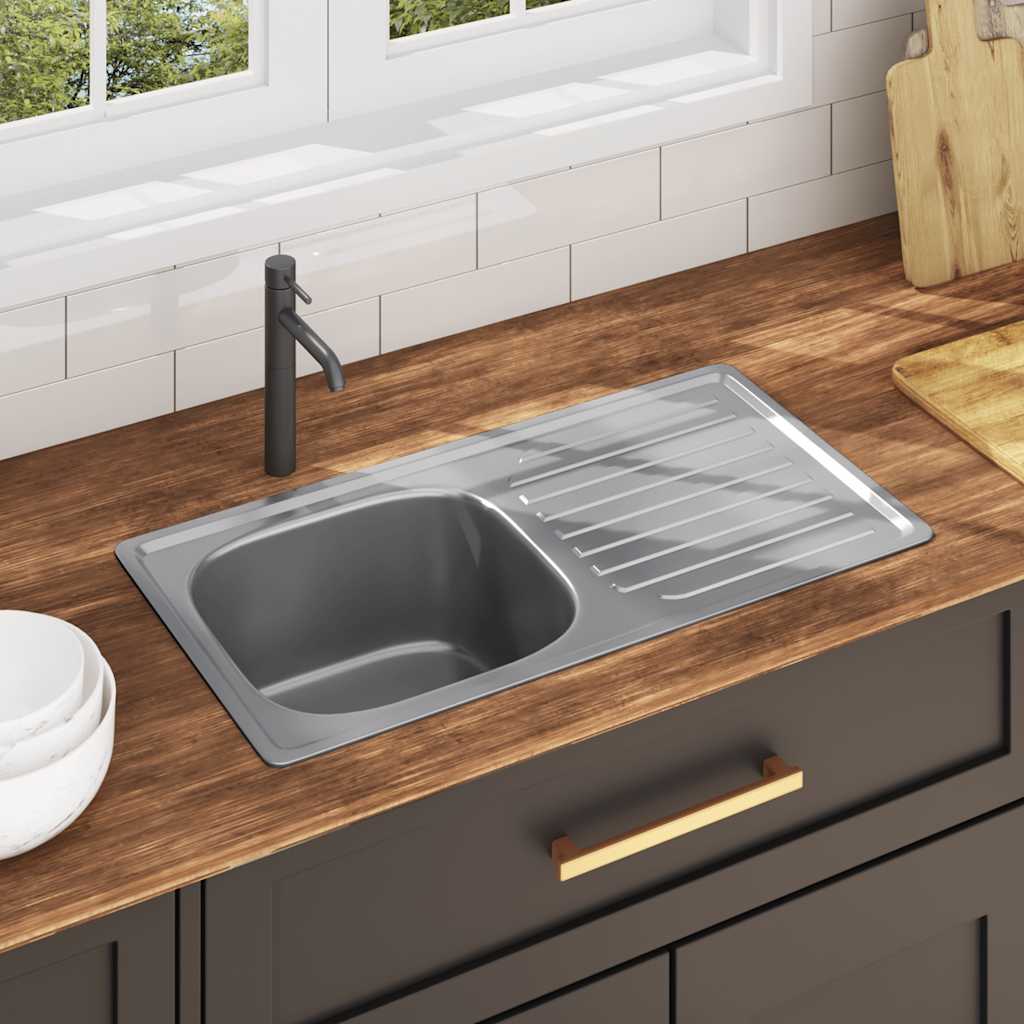 Køkkenvask i rustfrit stål med drypbakke, strainer og vandlås - 75 × 40 cm