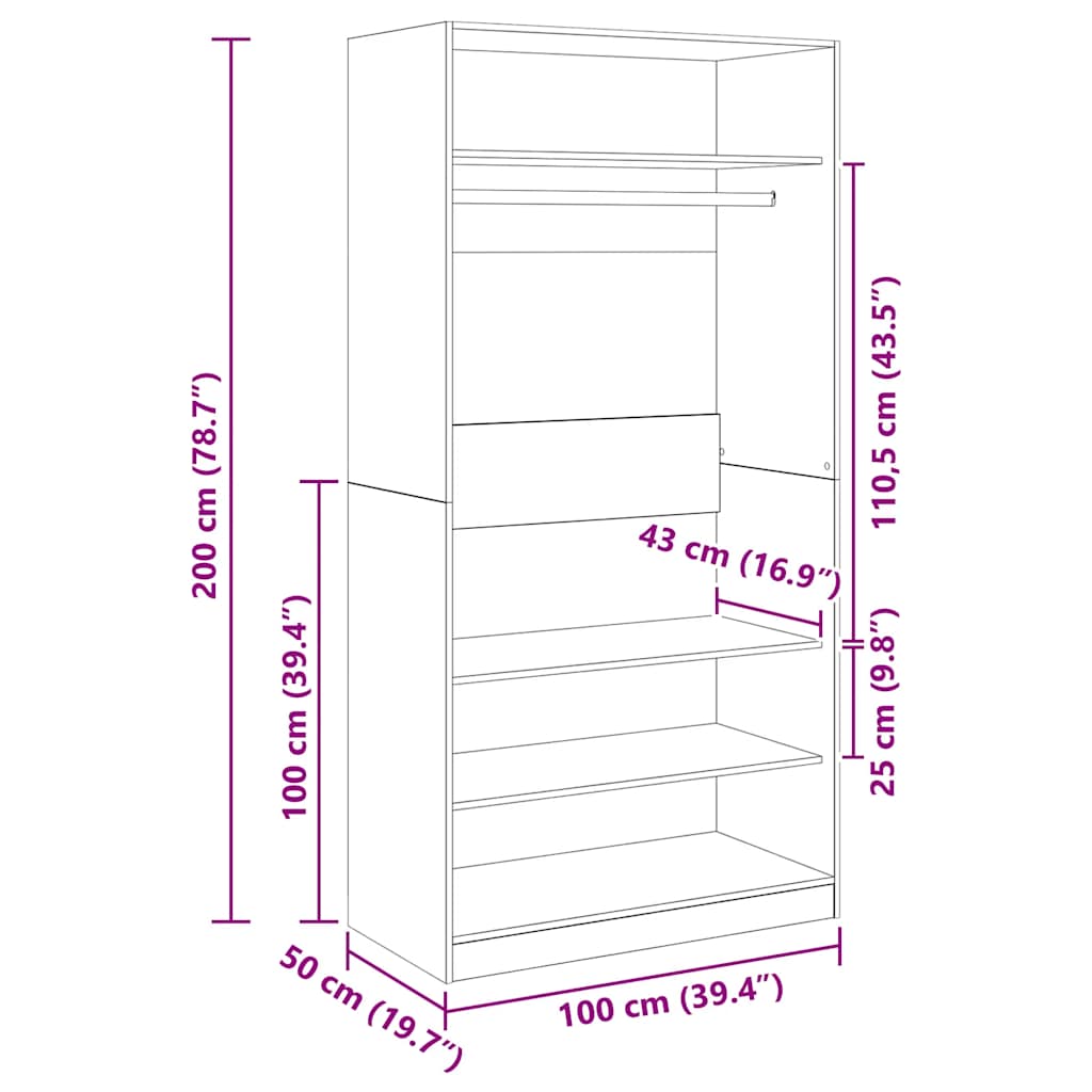 klædeskab 100x50x200 cm konstrueret træ betongrå