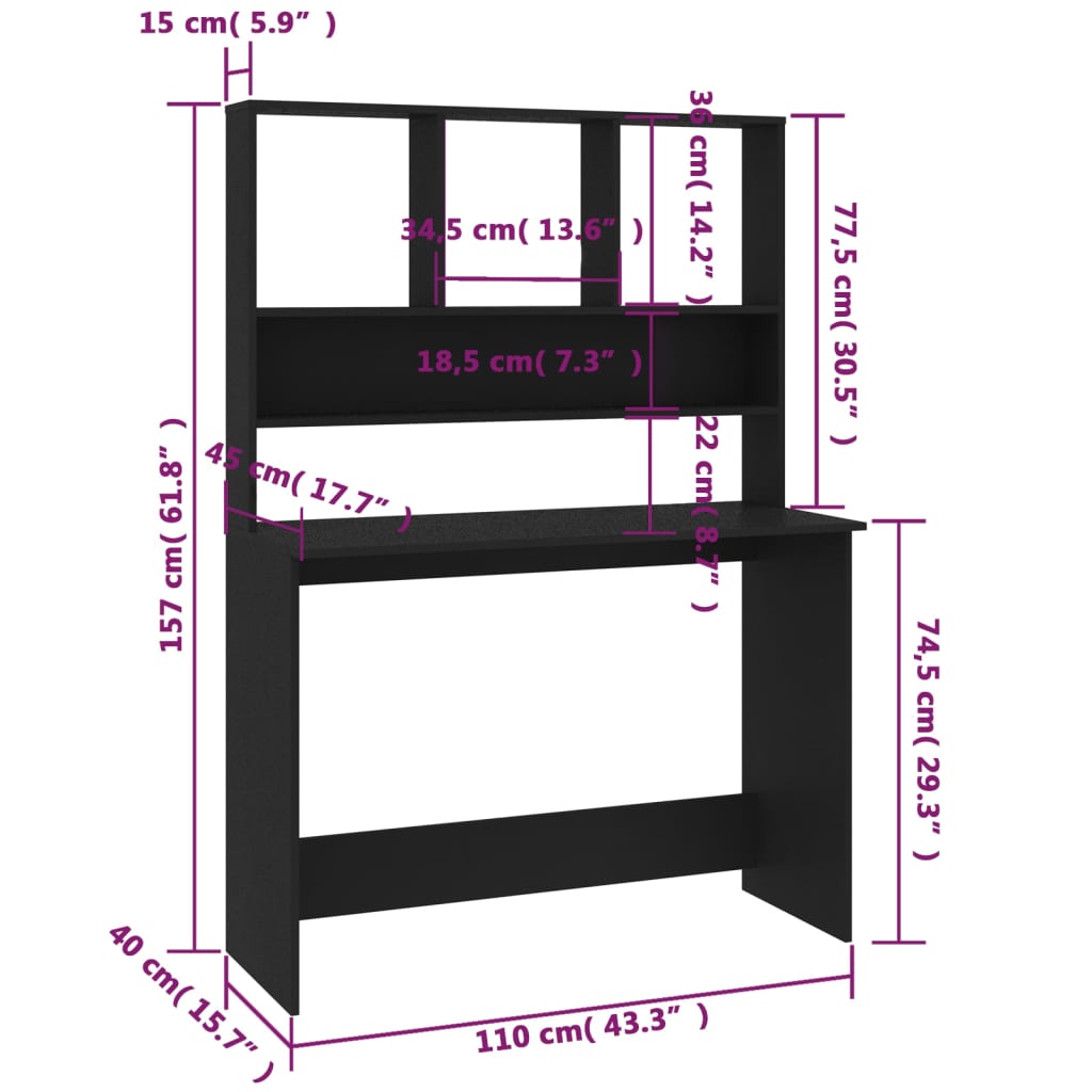 skrivebord m. hylder 110x45x157 cm konstrueret træ sort