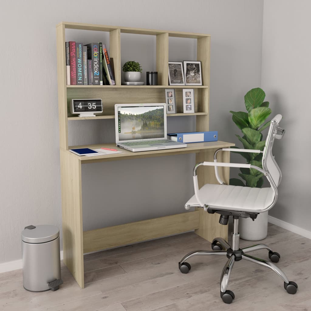 skrivebord m. hylder 110x45x157 cm konstrueret træ sonoma-eg
