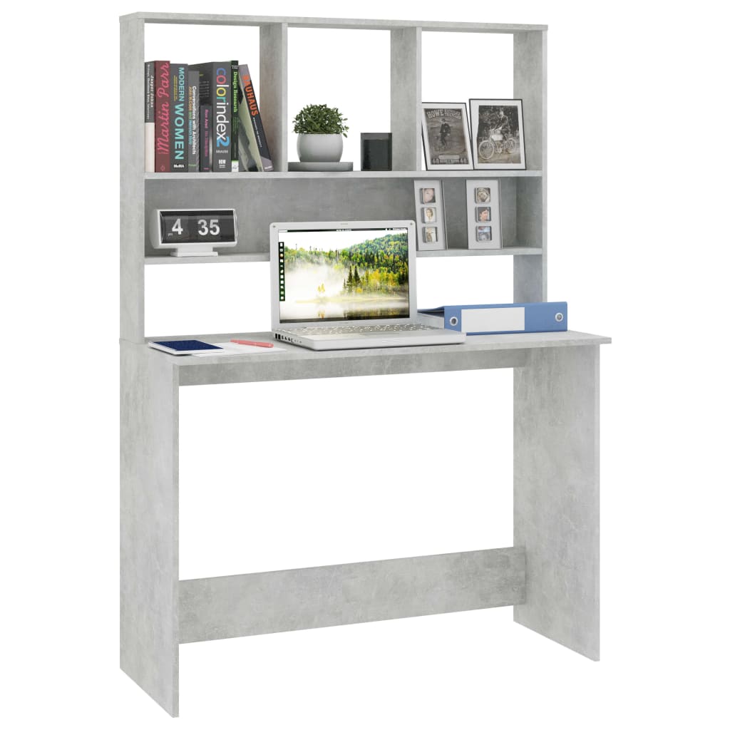 skrivebord m. hylder 110x45x157 cm konstrueret træ betongrå