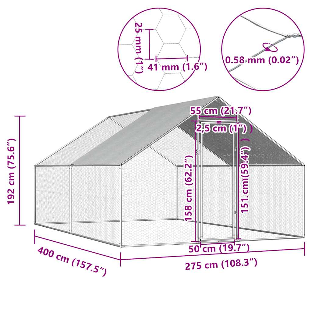 udendørs hønsebur 2,75x4x1,92 m galvaniseret stål