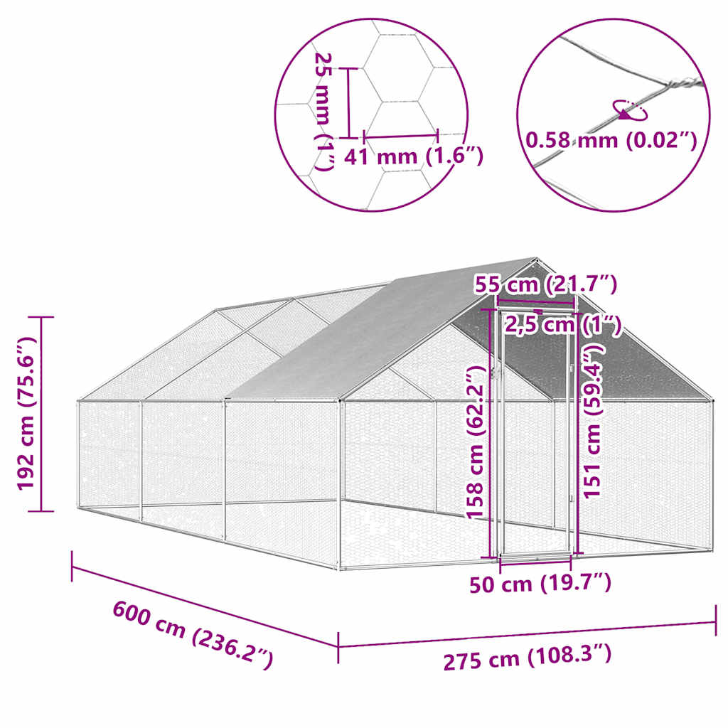 udendørs hønsebur 2,75x6x1,92 m galvaniseret stål