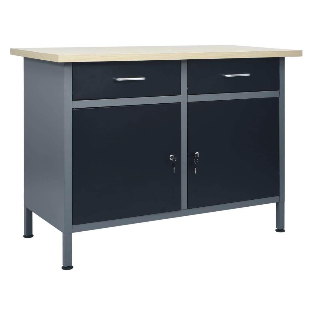 Arbejdsbord/arbejdsbænk 120×60×85 cm - stål, sort/grå med skuffer og skabe