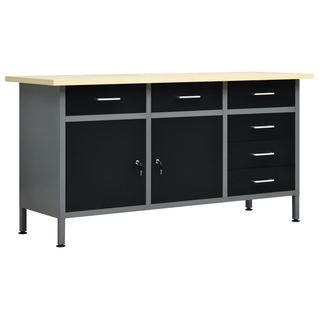Arbejdsbord/arbejdsbænk 160 × 60 × 85 cm - stål, sort/grå, 6 skuffer og 2 skabe
