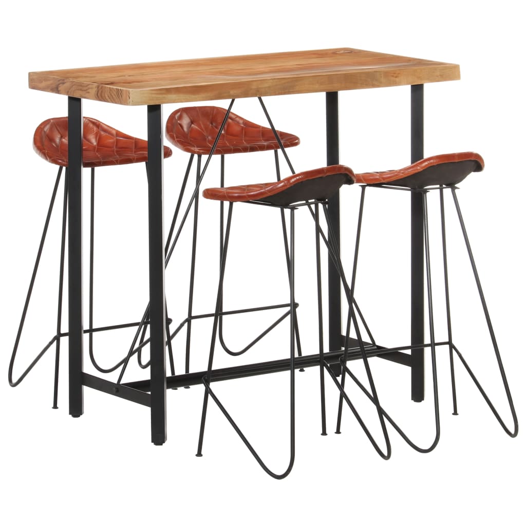 Barsæt i industrielt design - 1 bord i massivt træ + 4 barstole i ægte læder