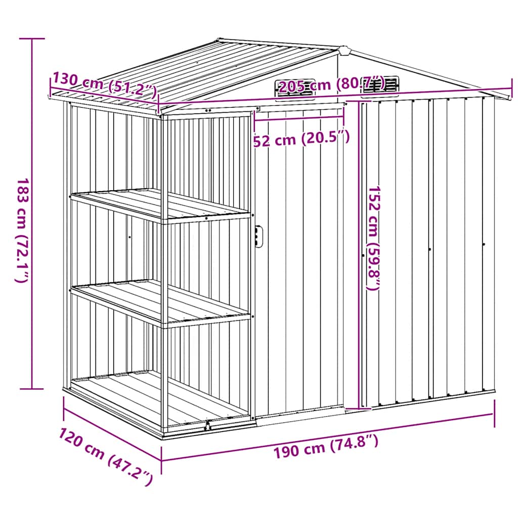 haveskur med reol 205x130x183 cm jern brun