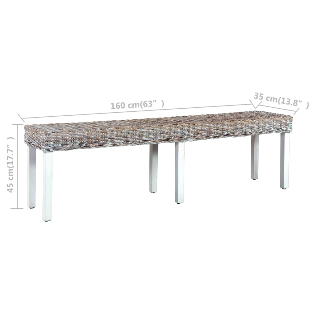bænk 160 cm naturlig kubu-rattan massivt mangotræ hvid
