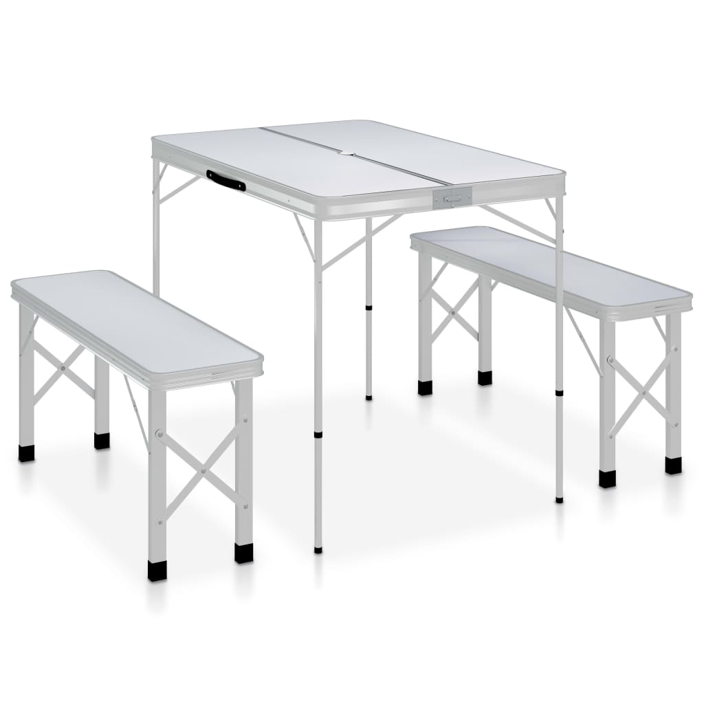 foldbart campingbord med 2 bænke aluminium hvid billede