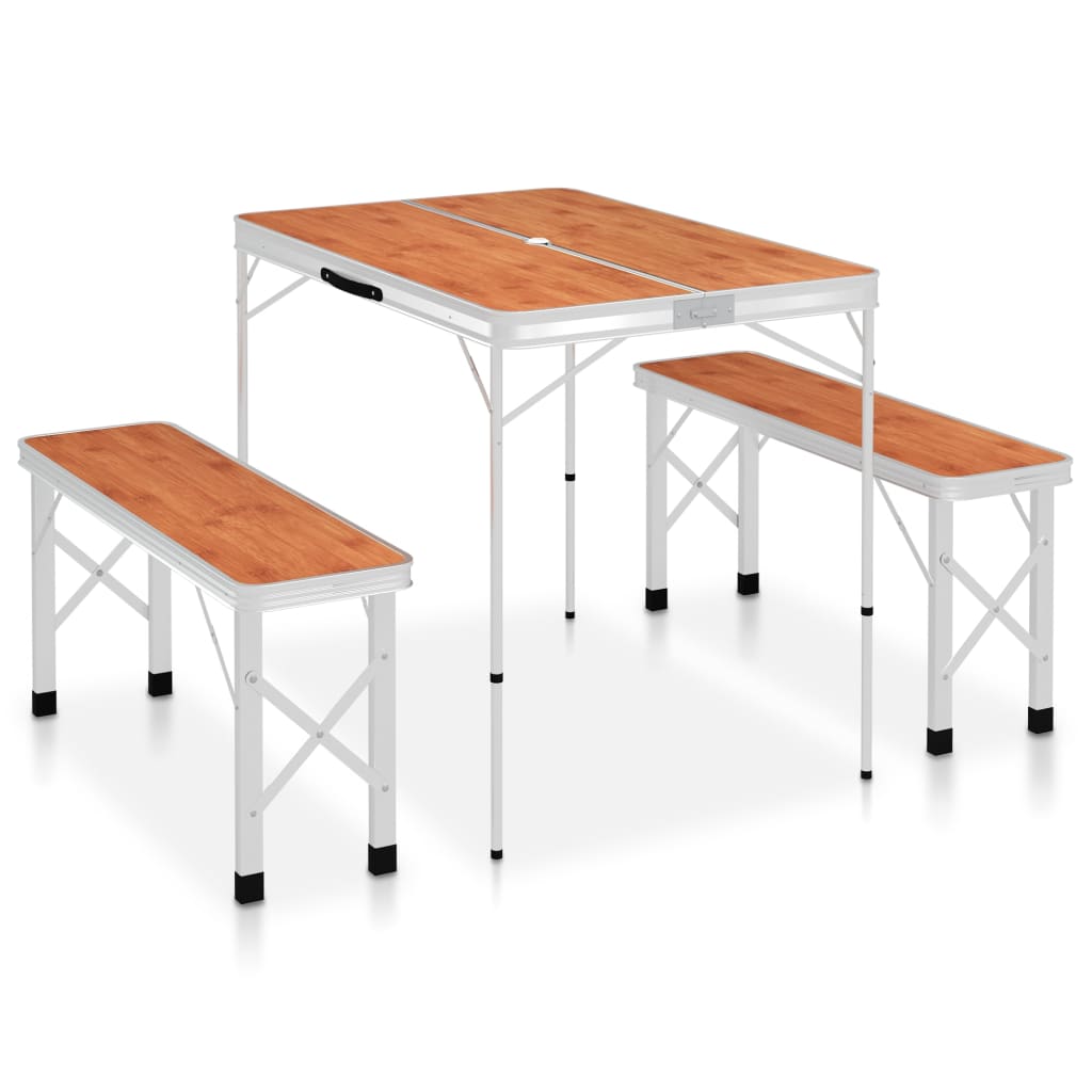 foldbart campingbord med 2 bænke aluminium brun billede