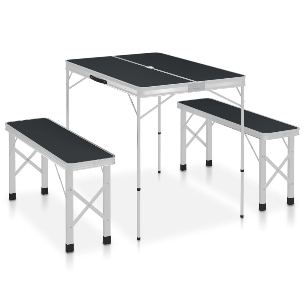 foldbart campingbord med 2 bænke aluminium grå billede