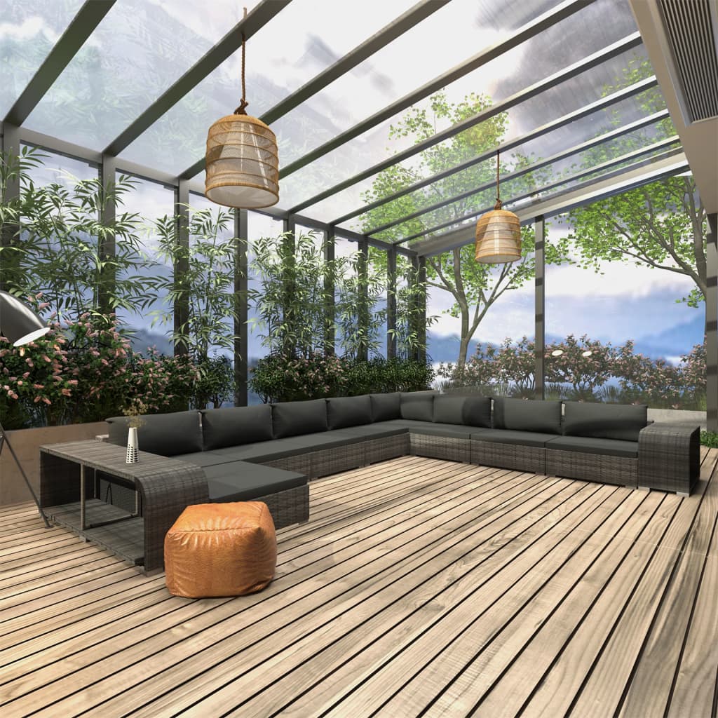 loungesæt til haven 11 dele med hynder polyrattan grå