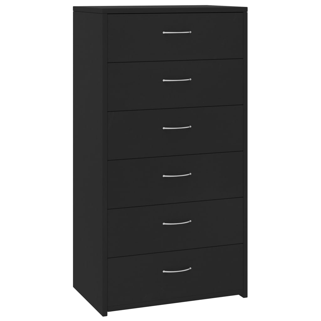 kommode med 6 skuffer 50x34x96 cm konstrueret træ sort