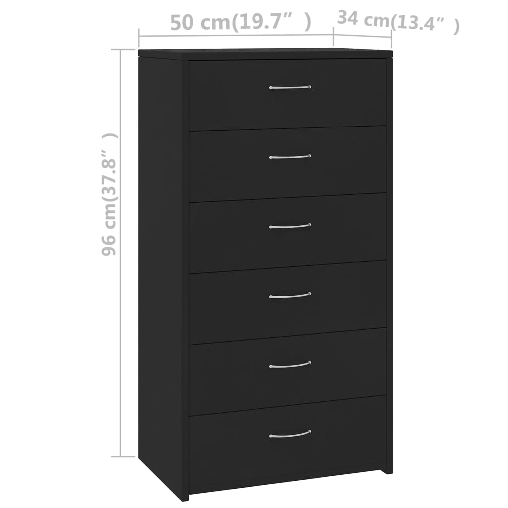 kommode med 6 skuffer 50x34x96 cm konstrueret træ sort