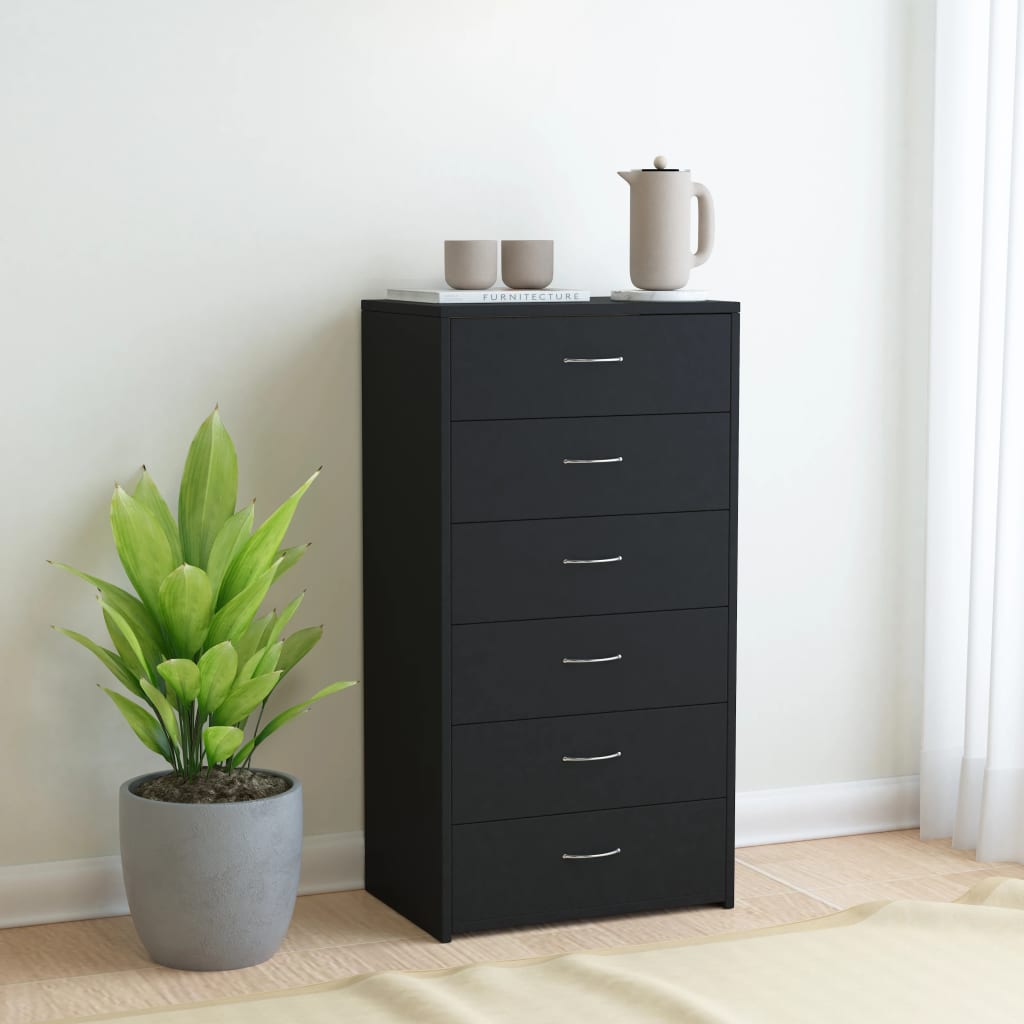 kommode med 6 skuffer 50x34x96 cm konstrueret træ sort
