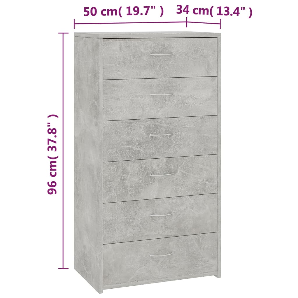 kommode med 6 skuffer 50x34x96 cm konstrueret træ betongrå