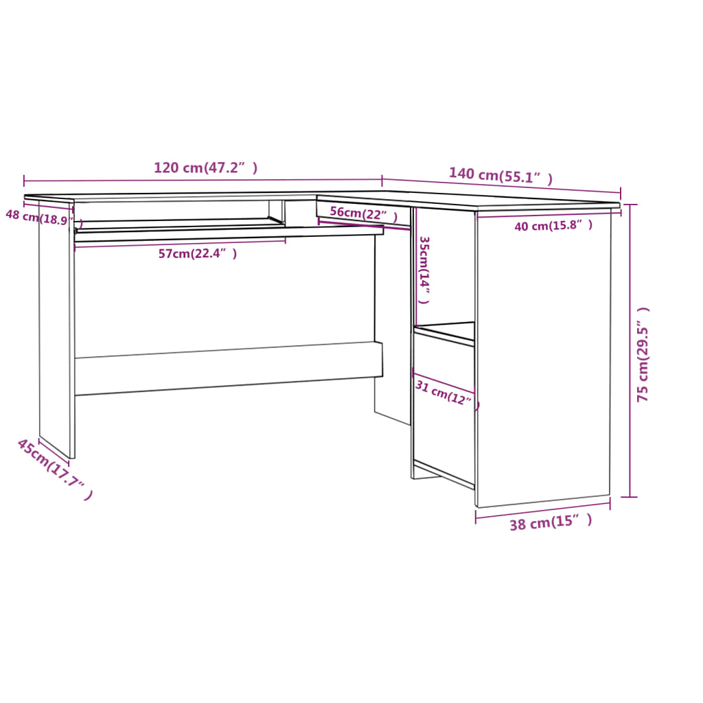 L-formet skrivebord 120x140x75 cm konstrueret træ grå højglans