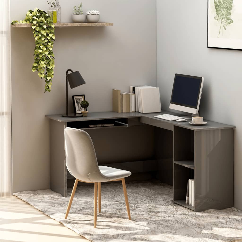 L-formet skrivebord 120x140x75 cm konstrueret træ grå højglans