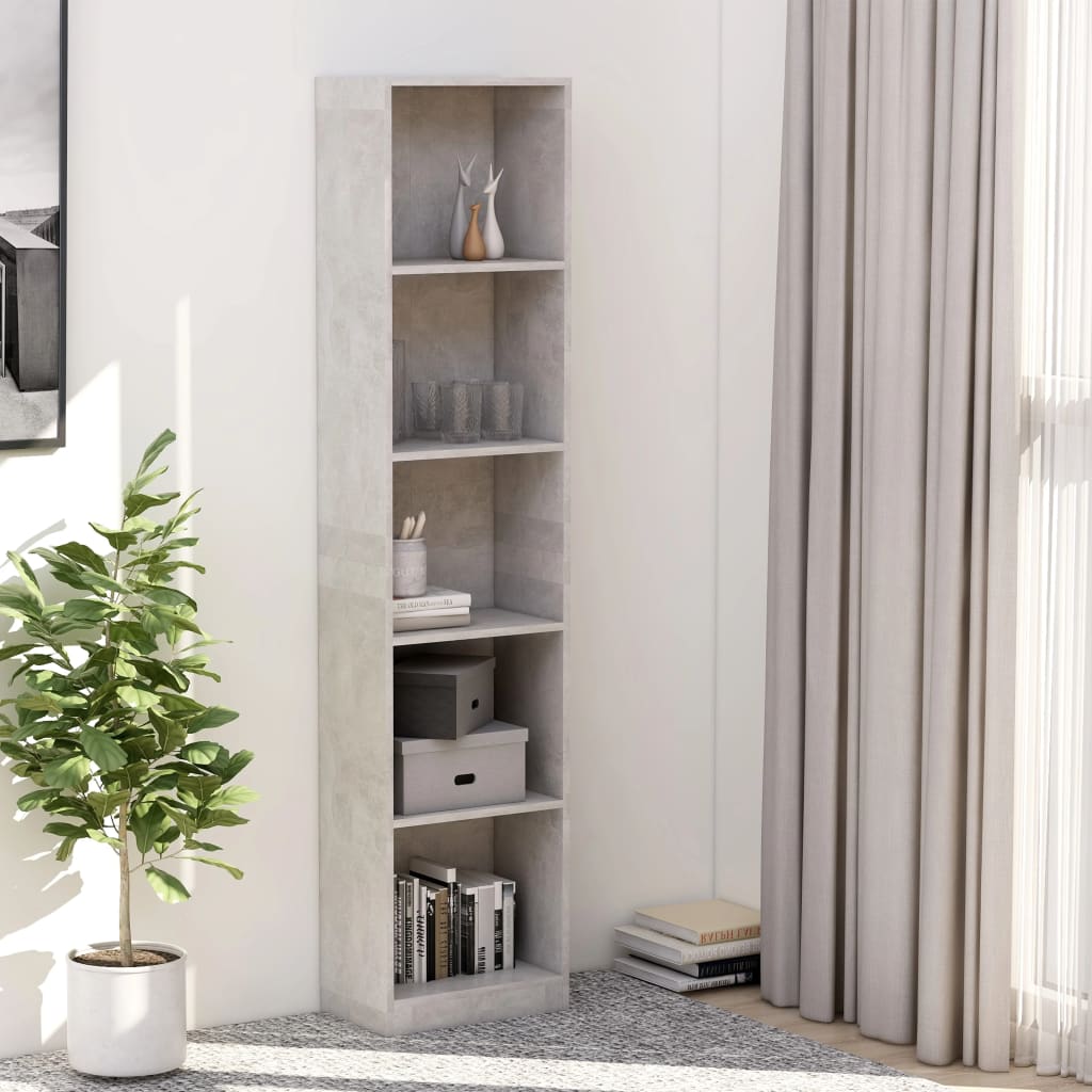 bogreol med 5 hylder 40x24x175 cm konstrueret træ betongrå billede
