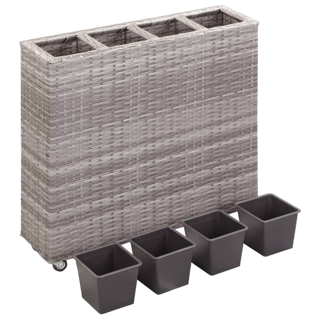 hævet plantekasse med 4 krukker 80x22x79 cm polyrattan grå