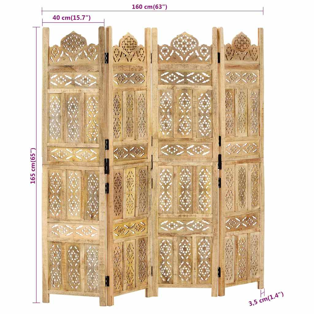 4-panels rumdeler håndskåret 160 x 165 cm massivt mangotræ