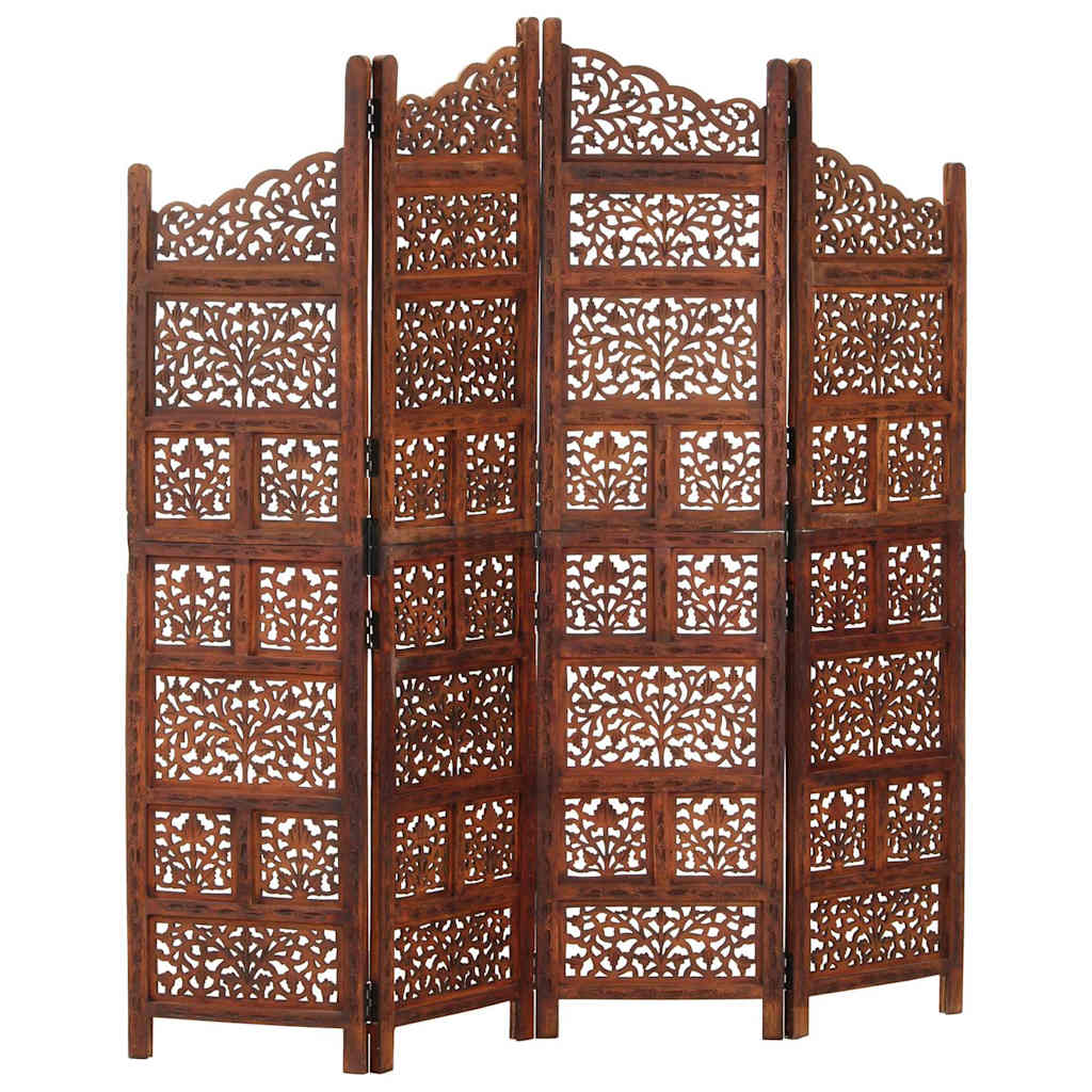 4-panels rumdeler håndskåret 160 x 165 cm massivt mangotræ brun
