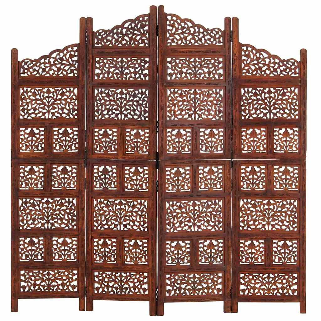 4-panels rumdeler håndskåret 160 x 165 cm massivt mangotræ brun