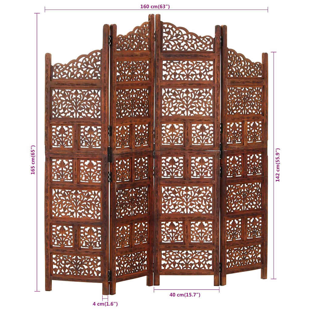 4-panels rumdeler håndskåret 160 x 165 cm massivt mangotræ brun