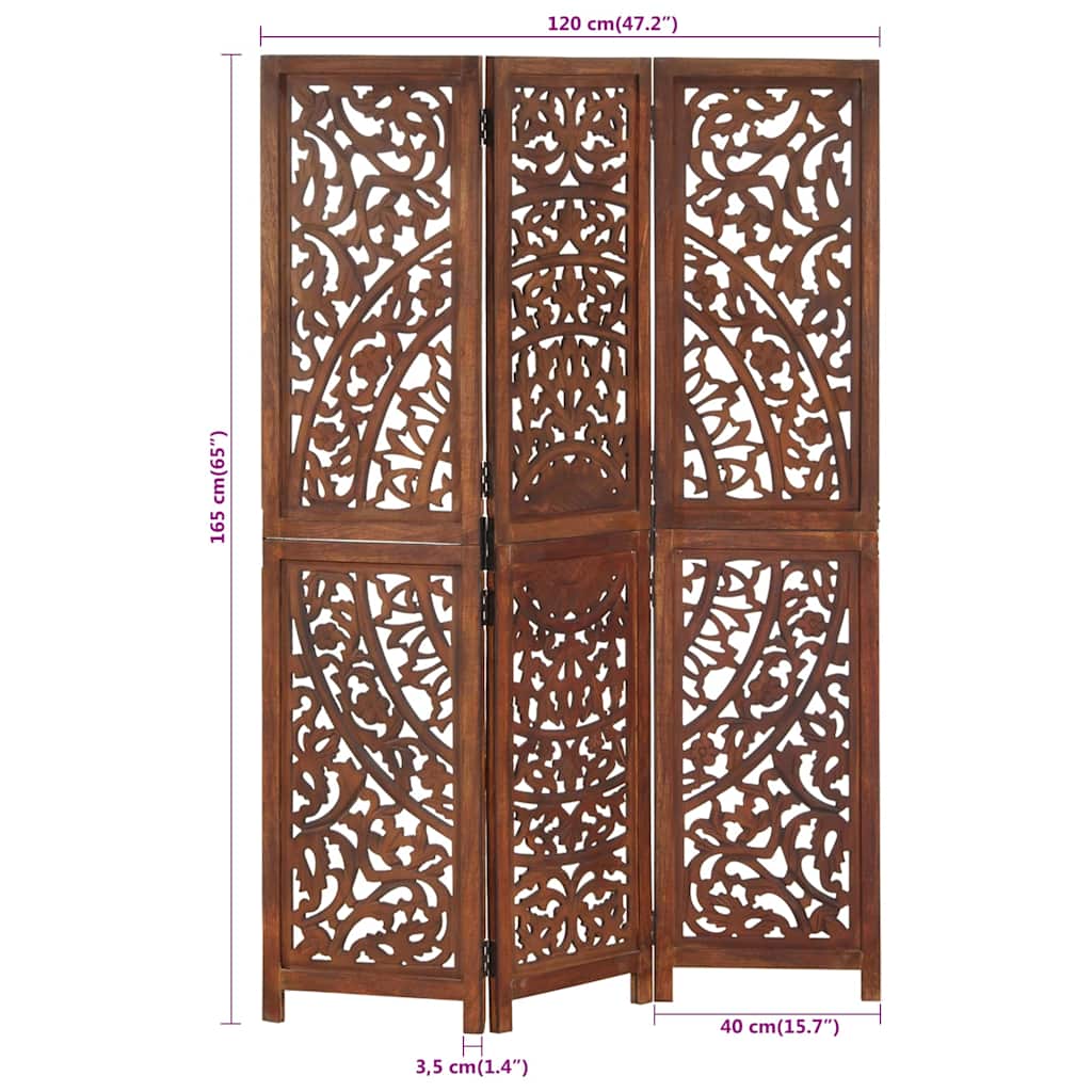 3-panels rumdeler håndskåret 120 x 165 cm massivt mangotræ brun
