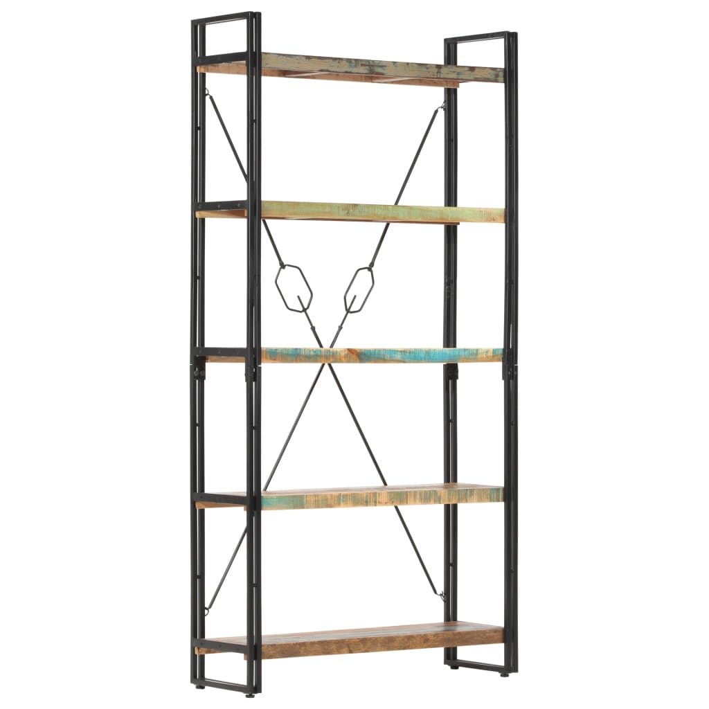 Bogreol med 5 hylder 90×30×180 cm i massivt genbrugstræ og stål