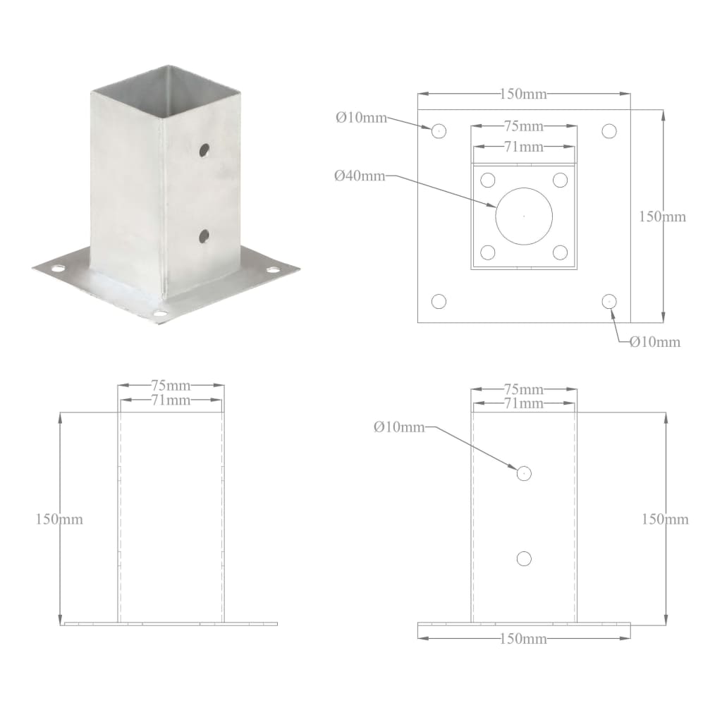 stolpefod 4 stk. 71 mm galvaniseret metal