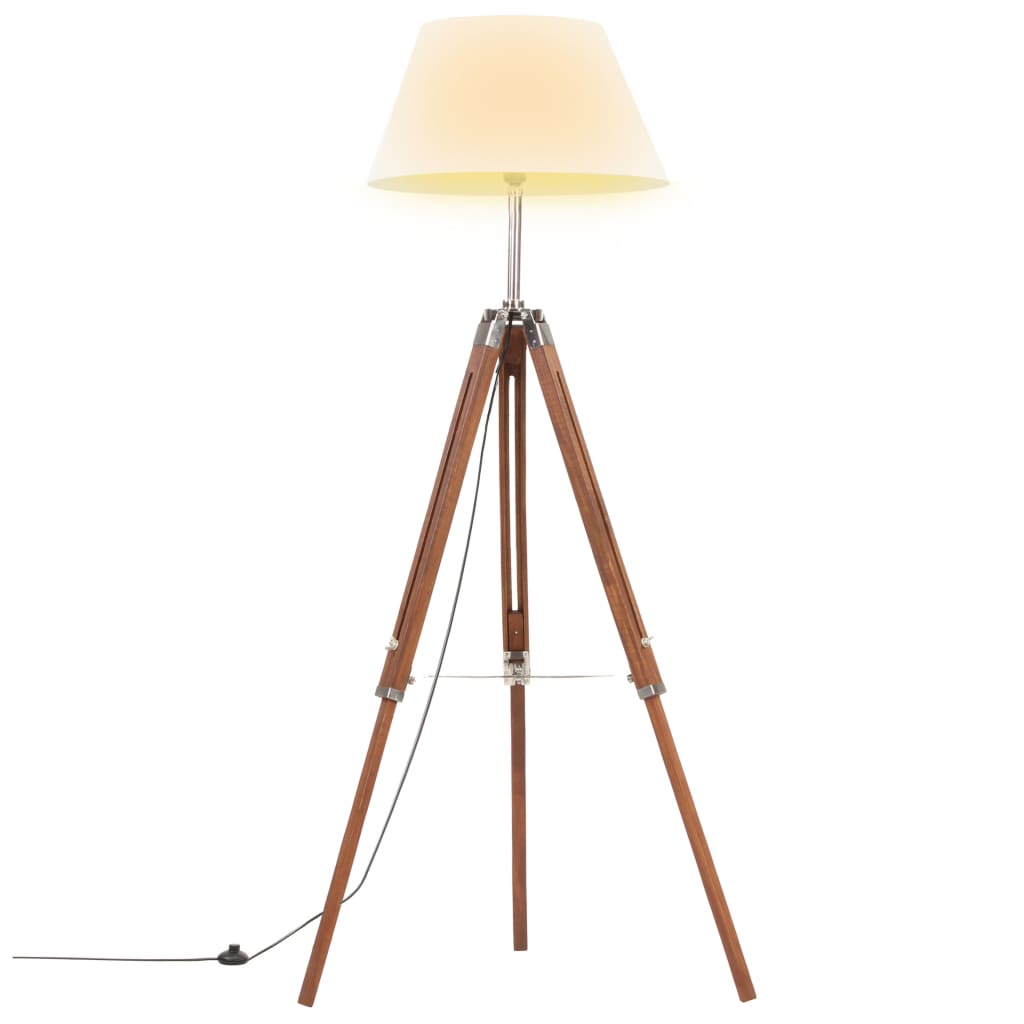 gulvlampe med trefod 141 cm massivt teaktræ honningbrun og hvid billede