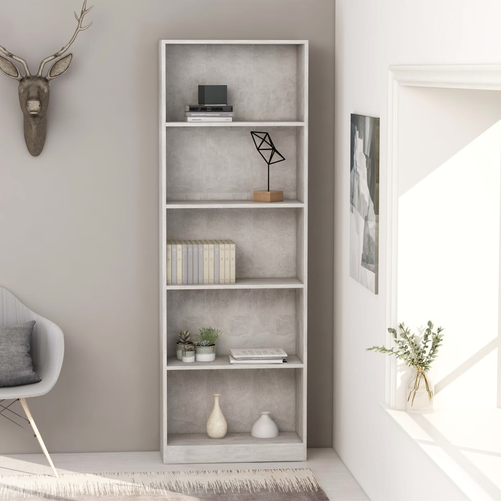 bogreol 60x24x175 cm 5 hylder konstrueret træ betongrå