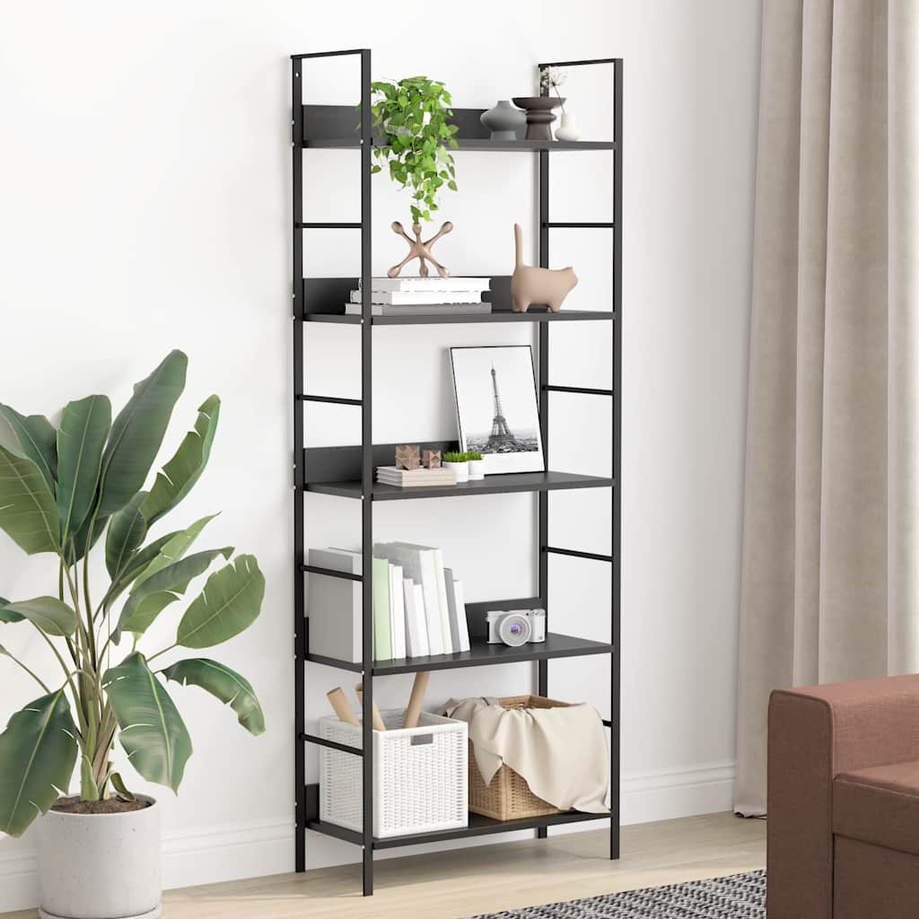 Bogreol med 5 hylder - 60 × 27,6 × 158,5 cm - sort konstrueret træ og stål