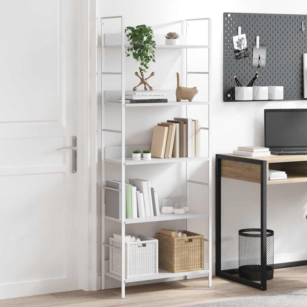 Bogreol med 5 hylder - 60 × 27,6 × 158,5 cm, konstrueret træ/stål, hvid