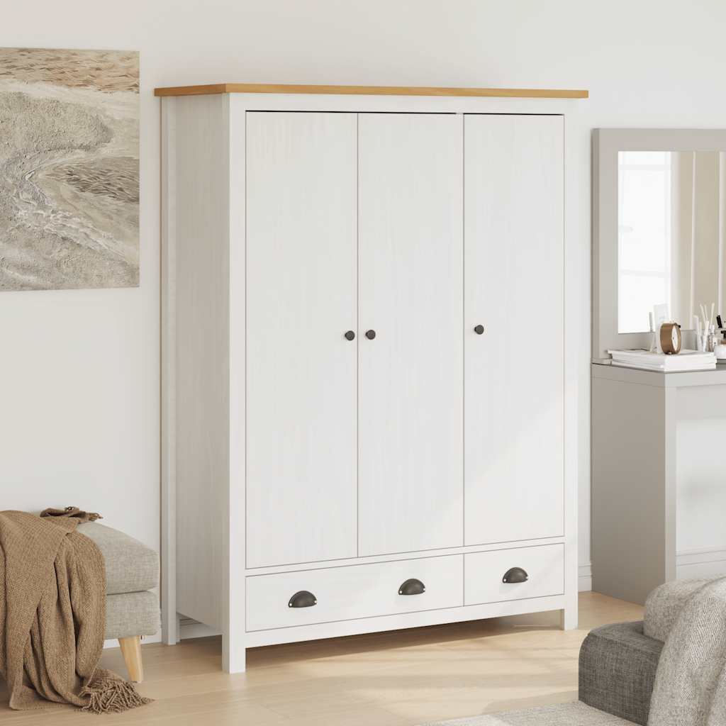 klædeskab med 3 låger Hill 127x50x170 cm massivt fyrretræ hvid billede