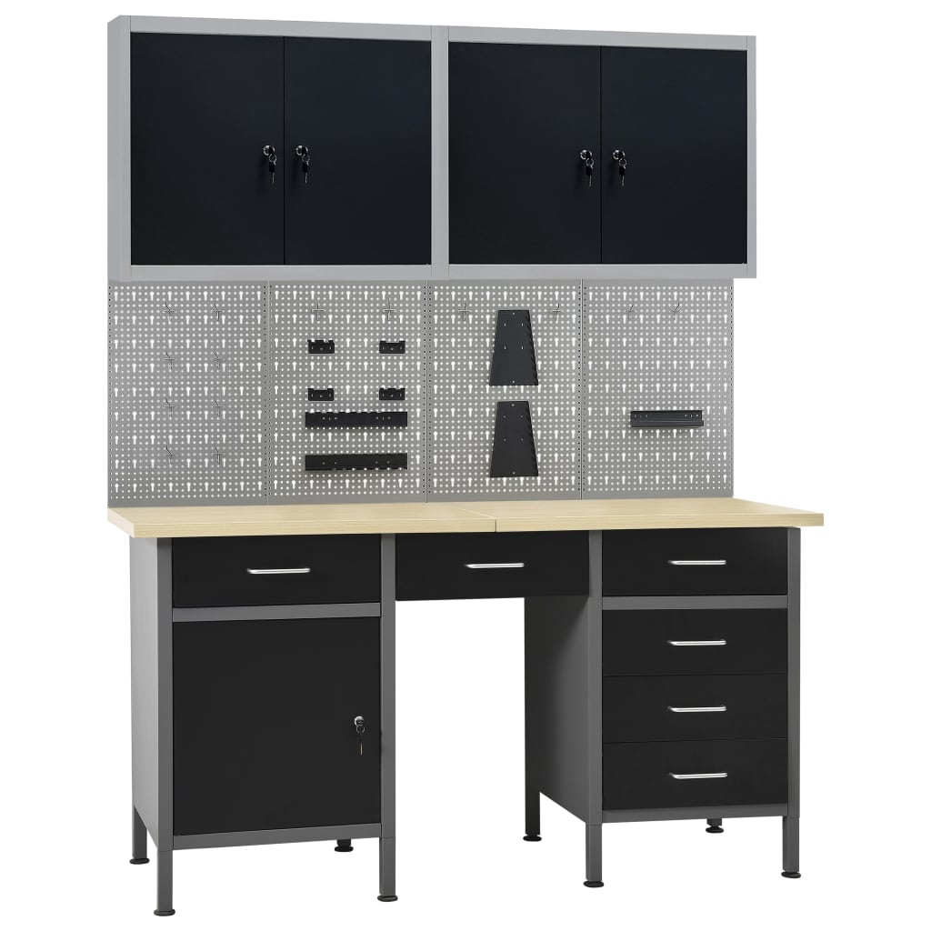 Arbejdsbænk med 4 vægpaneler og 2 skabe - 160 cm, sort/grå