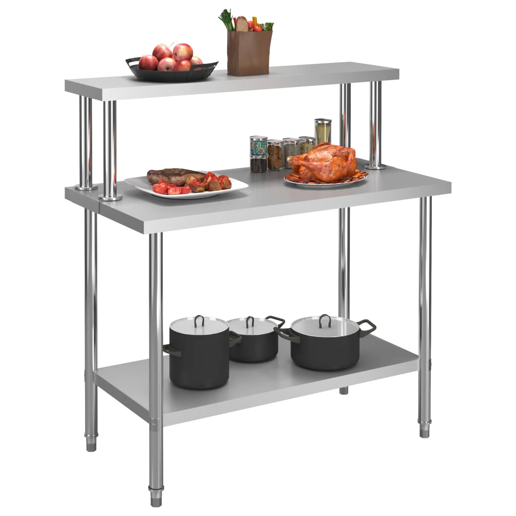 arbejdsbord til køkken med tophylde 120x60x120 cm rustfrit stål