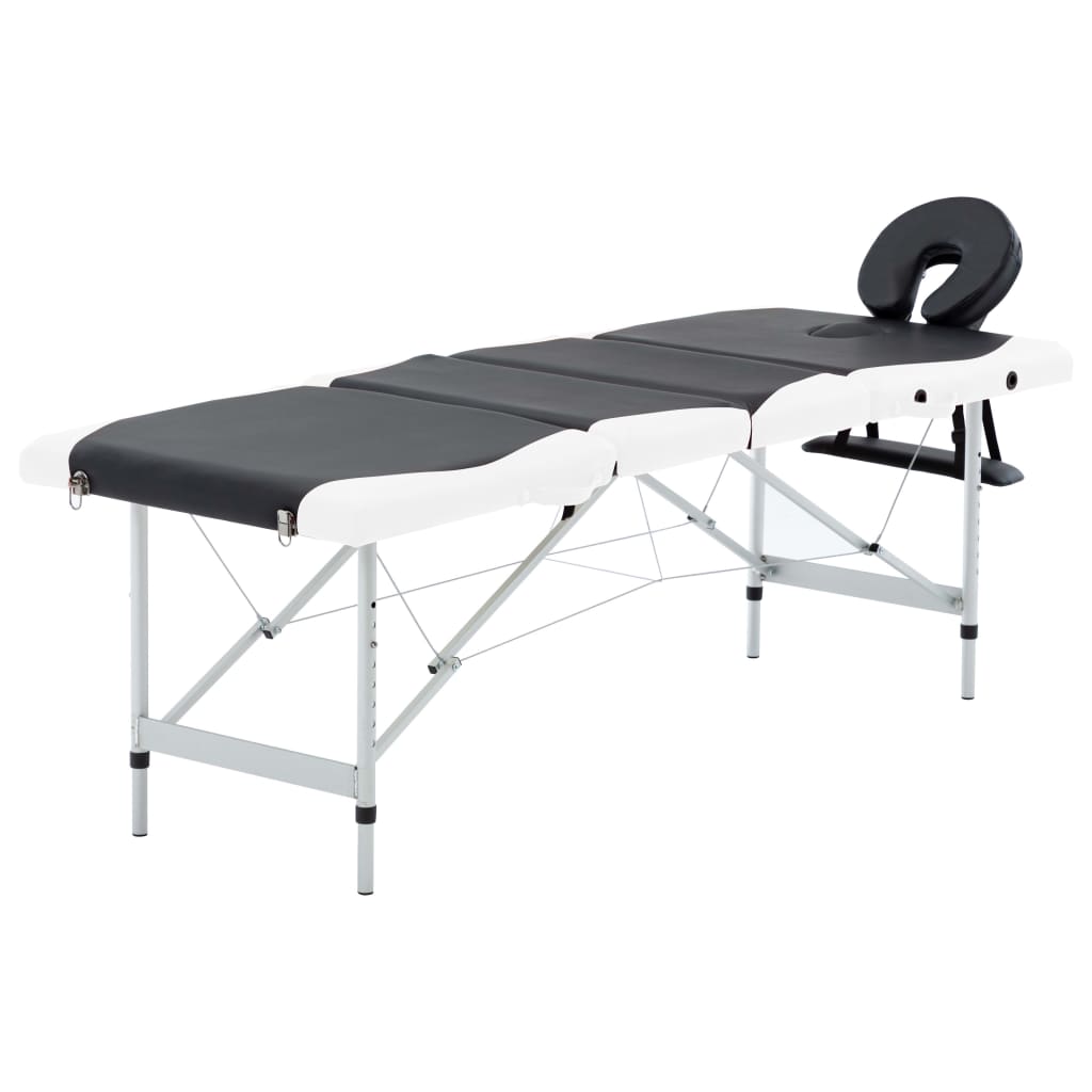 sammenfoldeligt massagebord aluminiumsstel 4 zoner sort og hvid