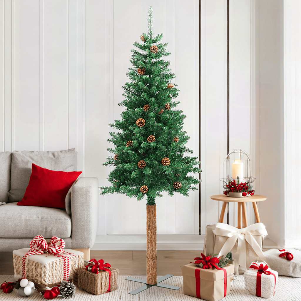 smalt juletræ med ægte træ og grankogler 180 cm PVC grøn
