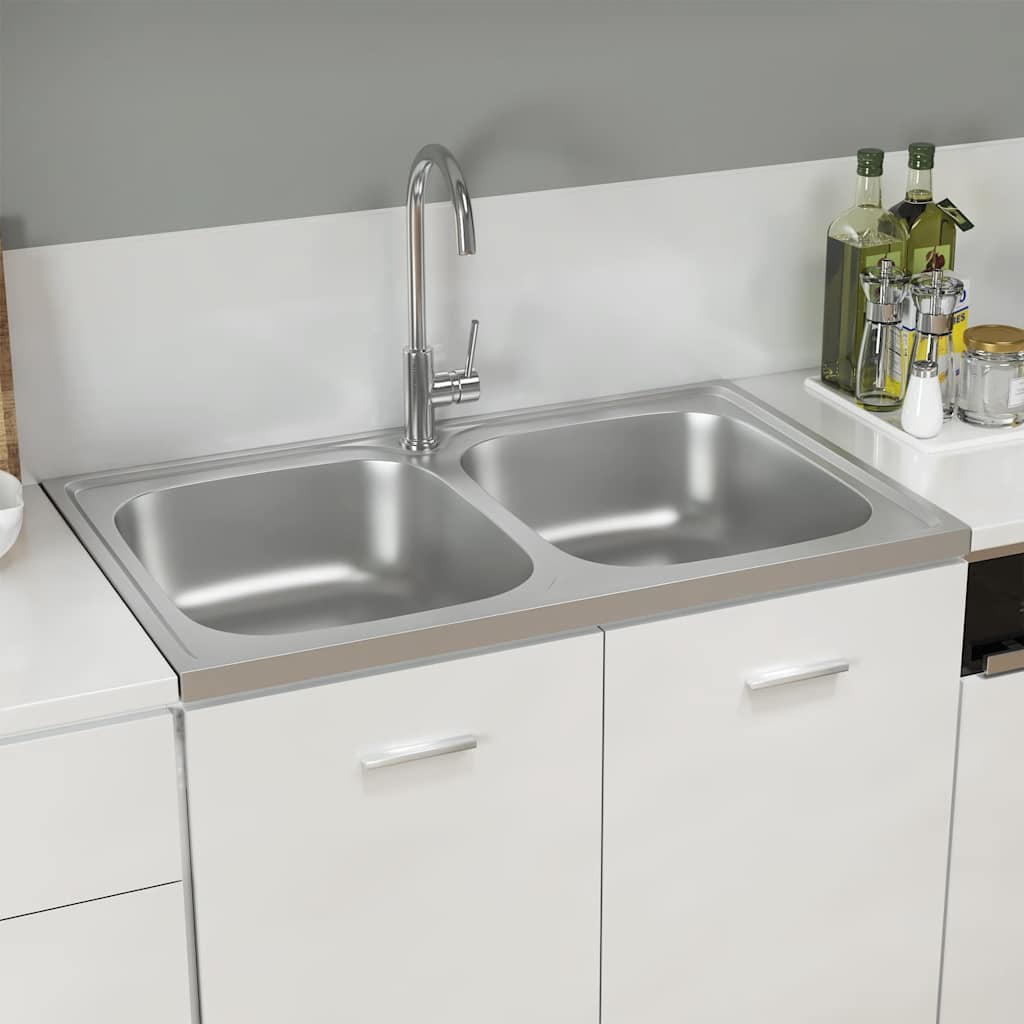 køkkenvask med 2 bassiner 800x500x155 mm rustfrit stål sølv billede