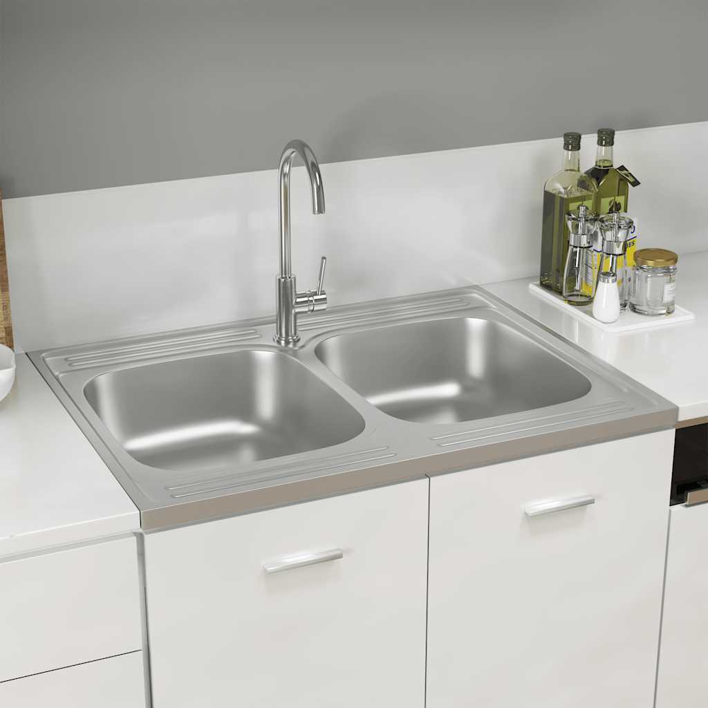 køkkenvask med 2 bassiner 800x600x155 mm rustfrit stål sølv billede