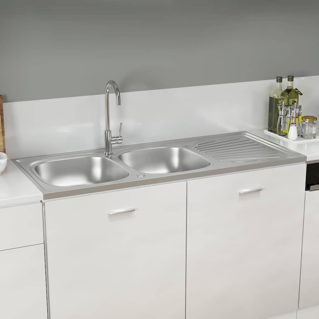 køkkenvask med 2 bassiner 1200x600x155 mm rustfrit stål sølv billede