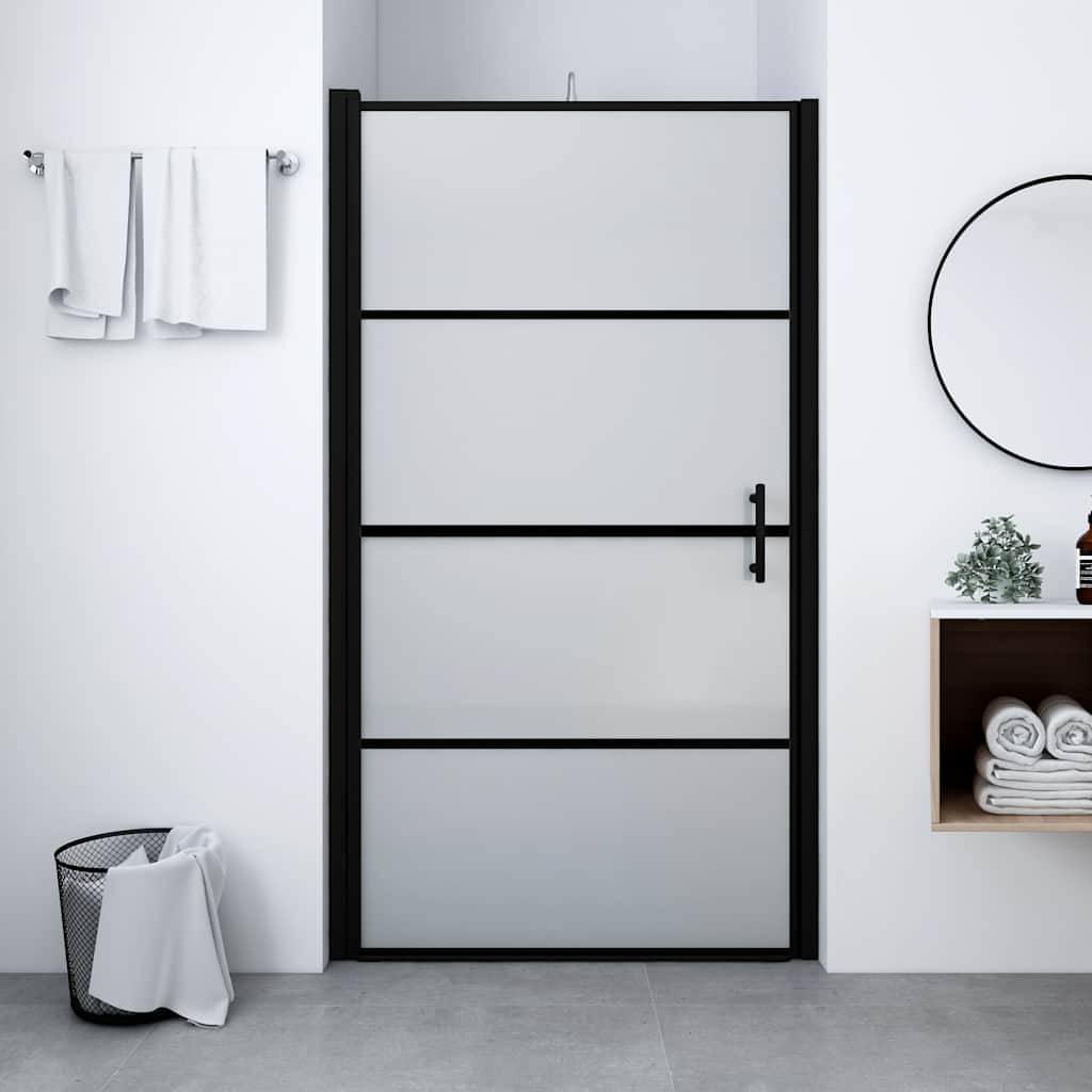 Brusedør 91×195 cm i matteret hærdet glas - sort aluminiumsramme