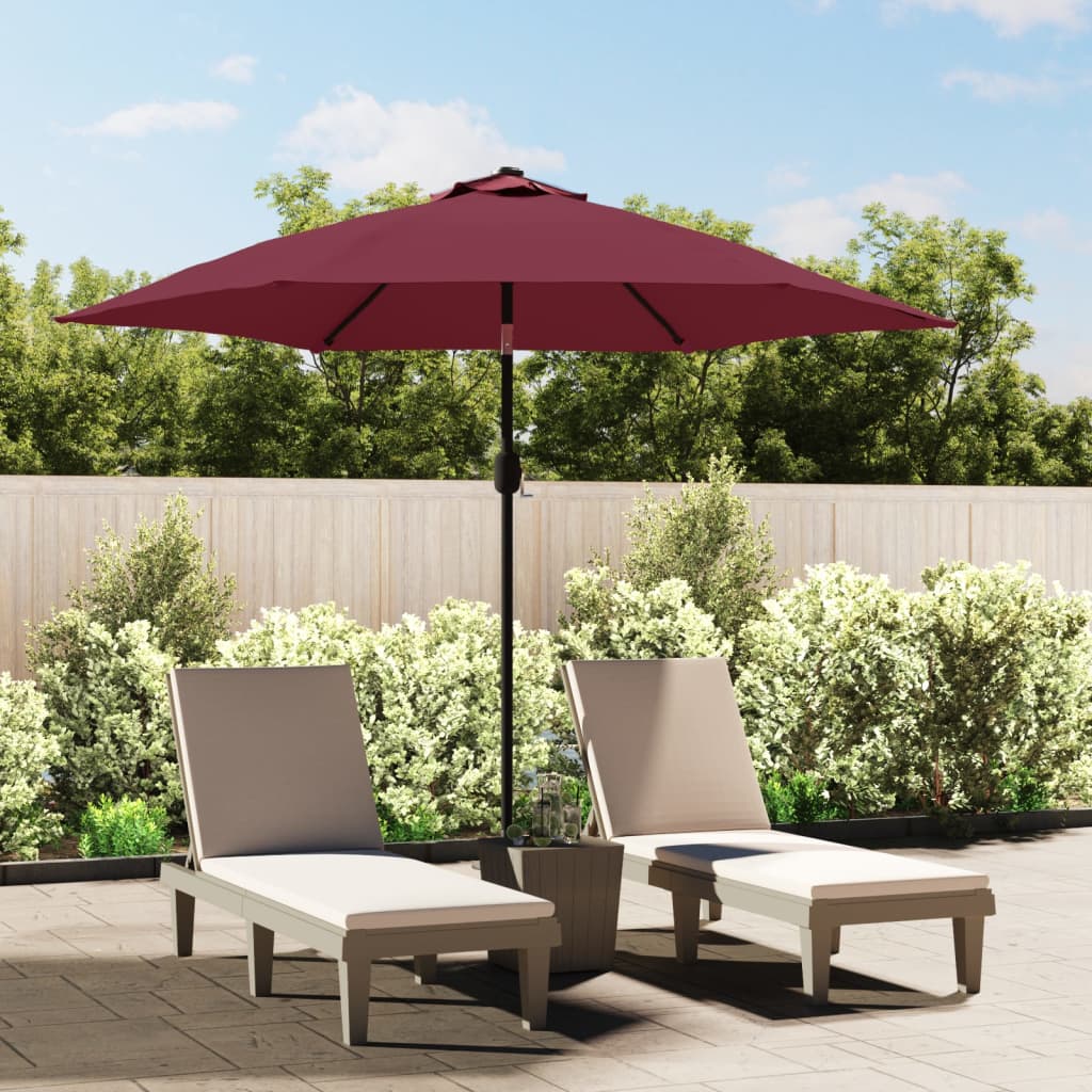 parasol m. LED-lys og stålstang 300 cm bordeauxrød