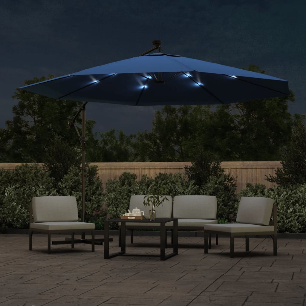 hængeparasol m. LED-lys 350 cm azurblå
