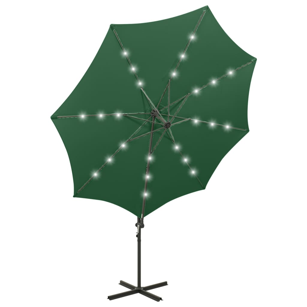 hængeparasol med stang og LED-lys 300 cm grøn