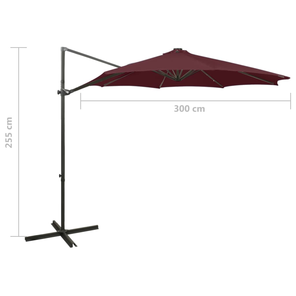 hængeparasol med stang og LED-lys 300 cm bordeauxrød