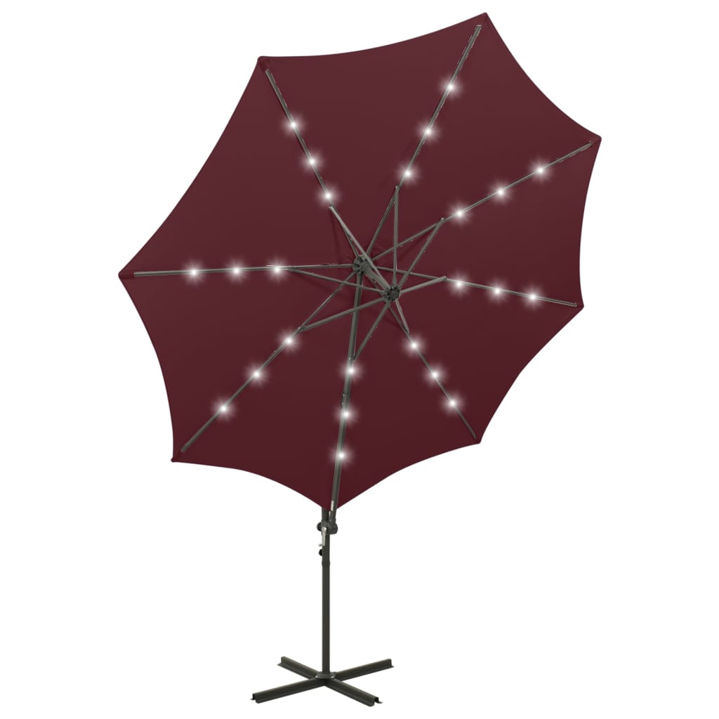 hængeparasol med stang og LED-lys 300 cm bordeauxrød